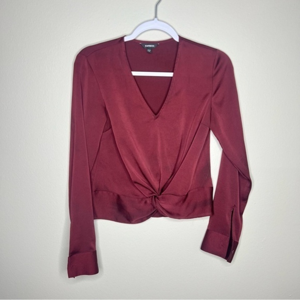 Express Satin Twisted Front Long‎ Sleeve V-Neck Top